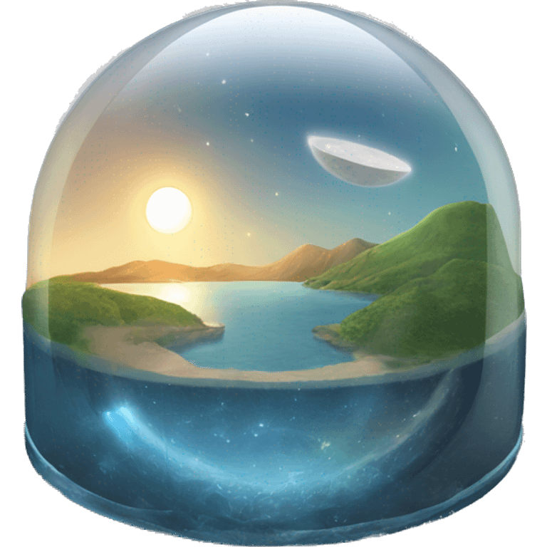 Semi circular glass dome with the sun and moon inside and land and water on the bottom emoji