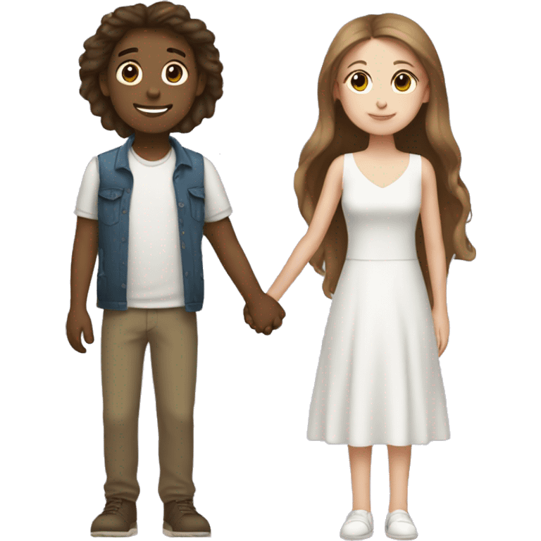 two girls one guy holding hands, one girl long brown hair white skin emoji