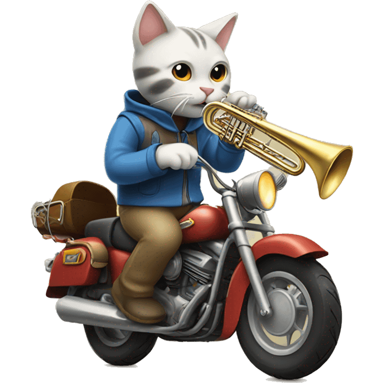 Cat riding a motorcycle playing a trombone emoji