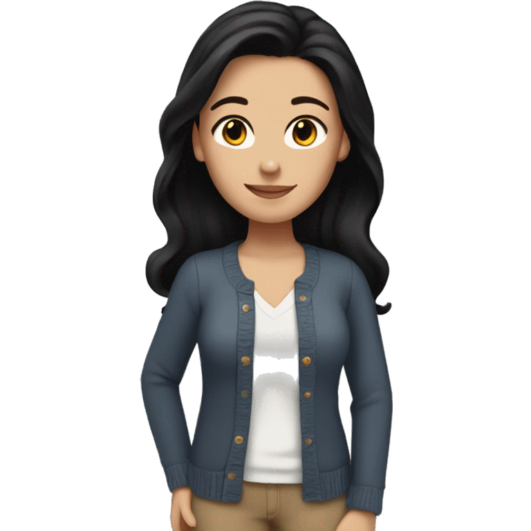 White girl with shoulder length black hair, no bangs, wearing a cardigan and jeans. emoji