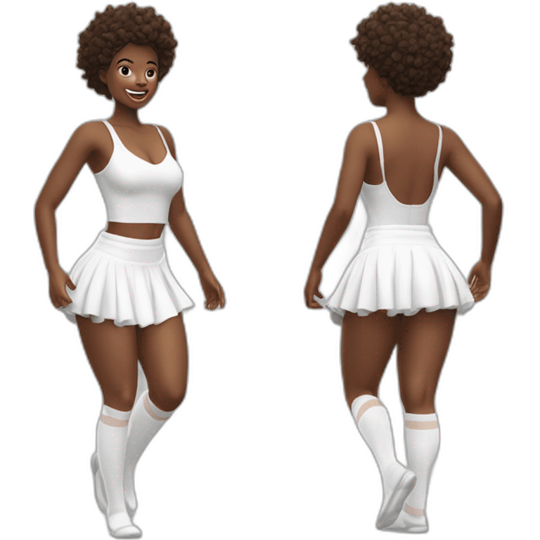 Hyperrealistic Full body Caucasian curvy beauty jumping short white skirt back and front views strong wind knickers long white socks emoji