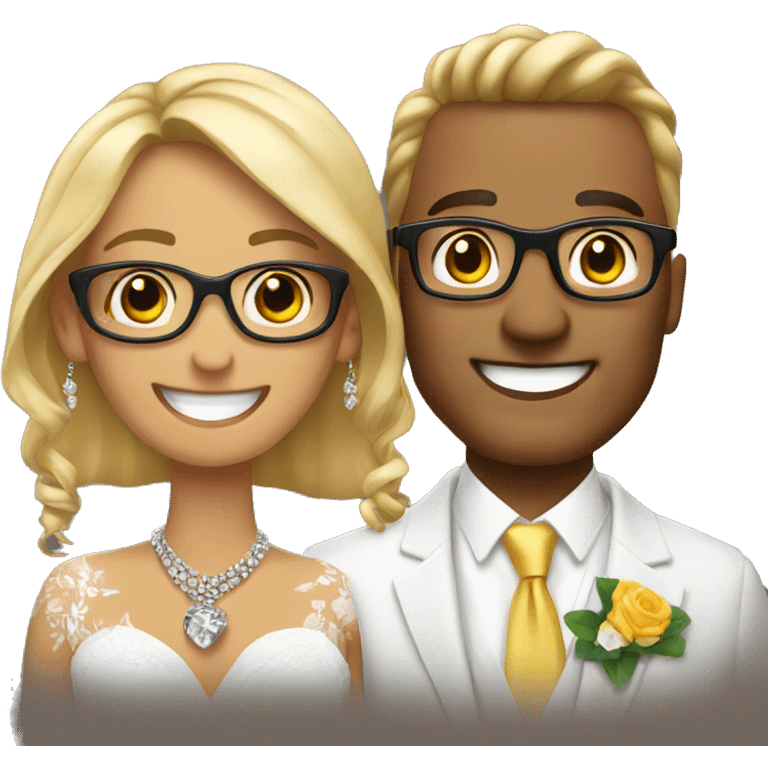 smiling couple with jewelry. Add glasses to the groom emoji