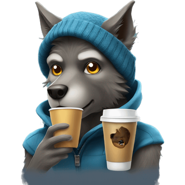 nice werewolf with a beanie drinking a coffee to go  emoji