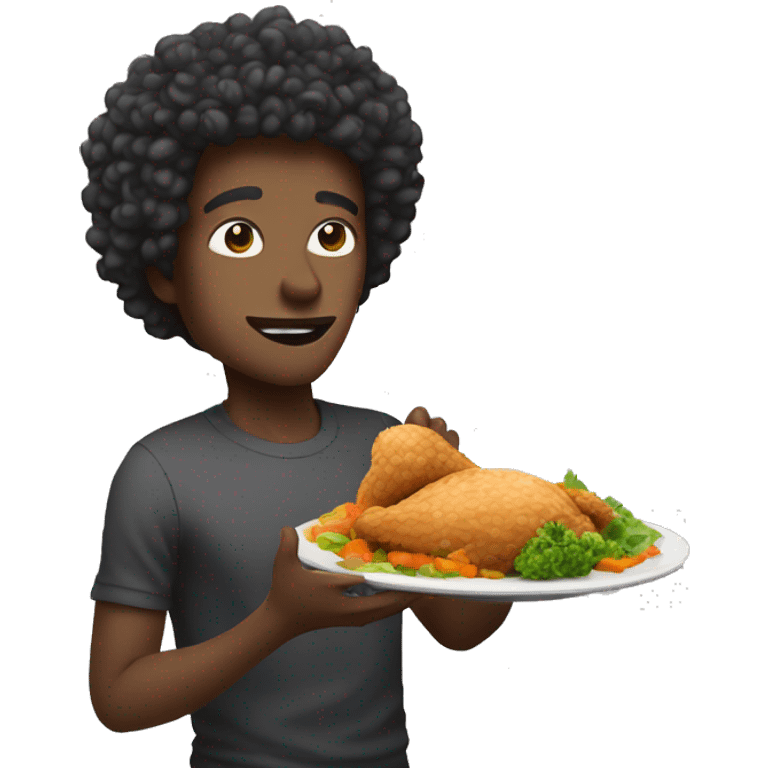 Tall black light skin man with curly hair eating chicken emoji