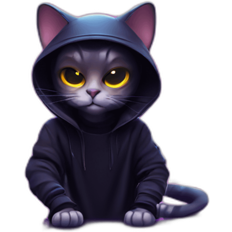 cat wearing a black hoodie with "OMG" letters on it and VR headset in a cyberpunk VR environment with violet neon lighting. emoji