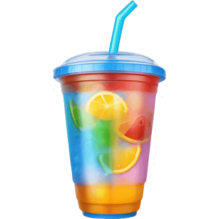 Realistic plastic domed lid cup with colorful straw and juice with ice inside of the cup. emoji