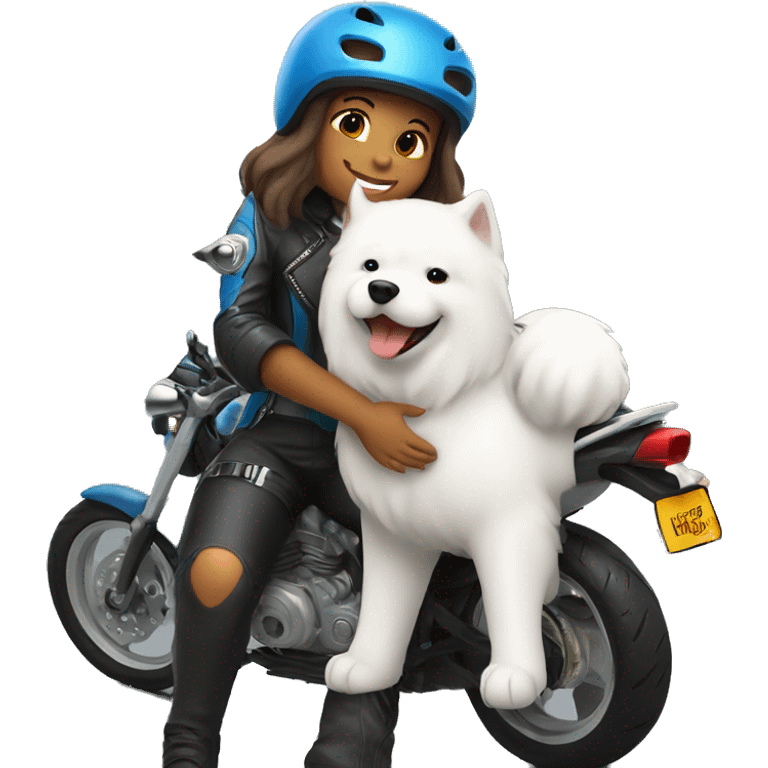 Biker girl with helmet hugging a Samoyed  emoji