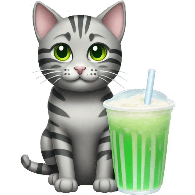 A striped grey cat with green eyes drinking boba emoji