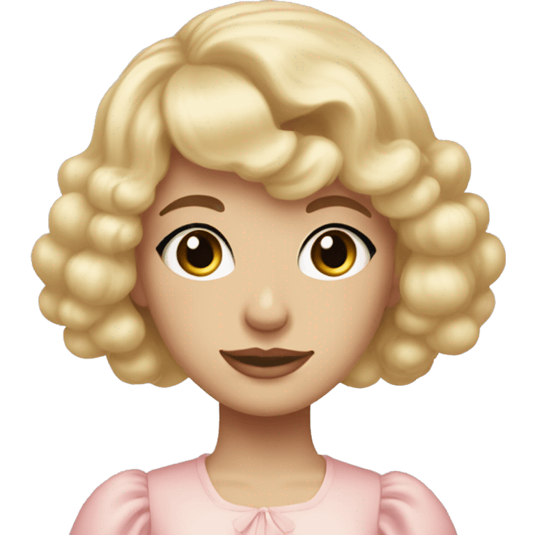 Blonde, pale girl with bangs and long, curly hair and a pastel pink puff sleeve dress emoji