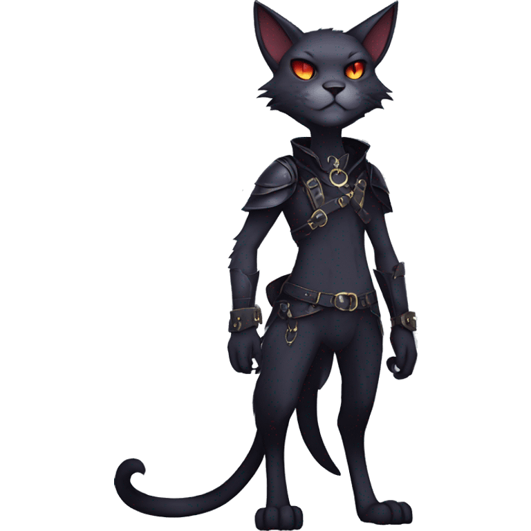 cool edgy anthro fantasy dark-shadow-themed animal vampiric cat hybrid Fakemon  with a harness and collar full body emoji