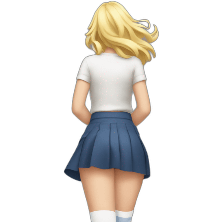 full body back view curvy caucasian beauty in small skirt lifted by the wind butt white socks emoji