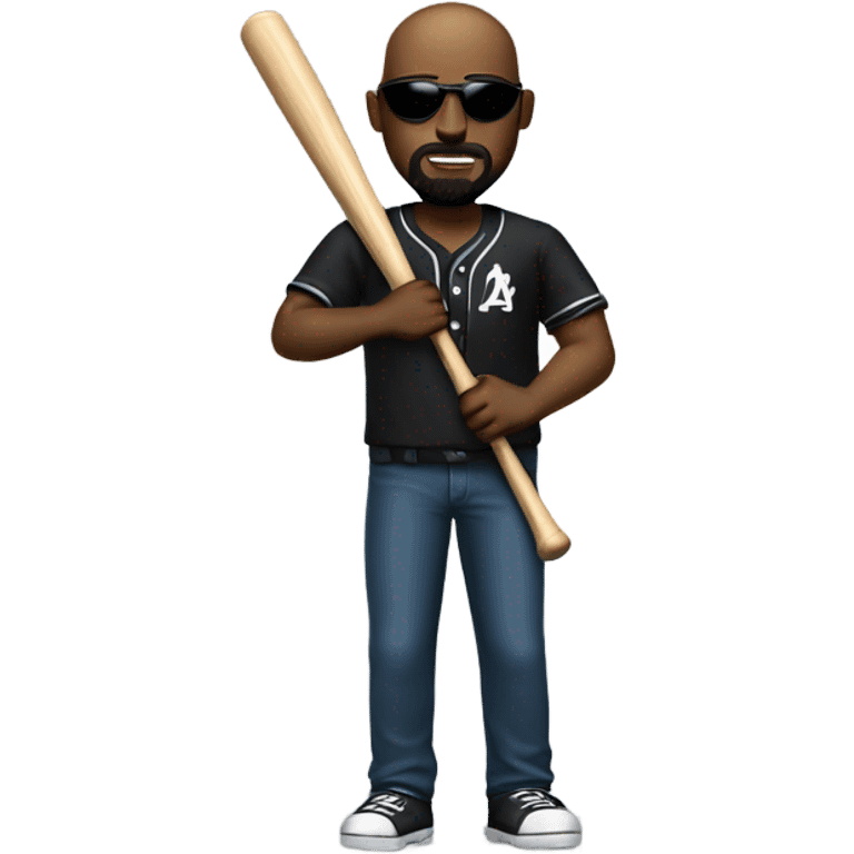 A bald black man with a beard and goatee in dark shades with a baseball bat. emoji