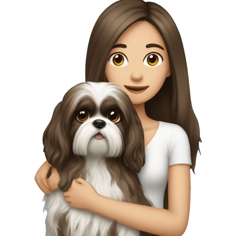 Brunette girl long hair, hugging her Shih tzu emoji