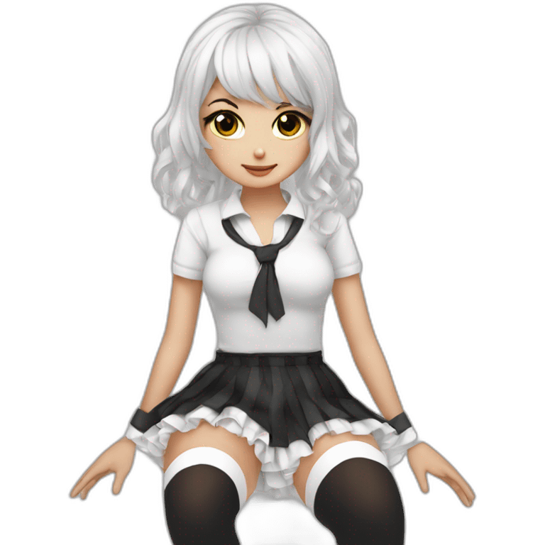 Frontal view curvy emo girl sits white skirt striped stockings hands up emoji