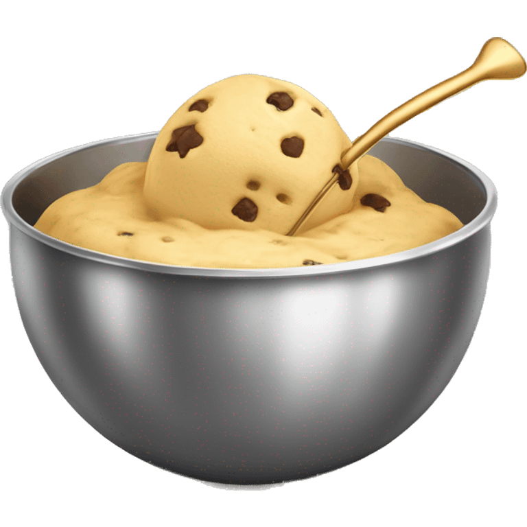 Realistic gold mixing bowl of cookie dough and with gold wisk in the bowl with it. emoji