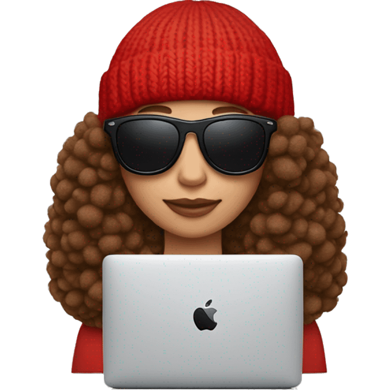 brown hair with sunglasses and a red beanie with a pom-pom, has AirPods in and is on a Mac laptop emoji