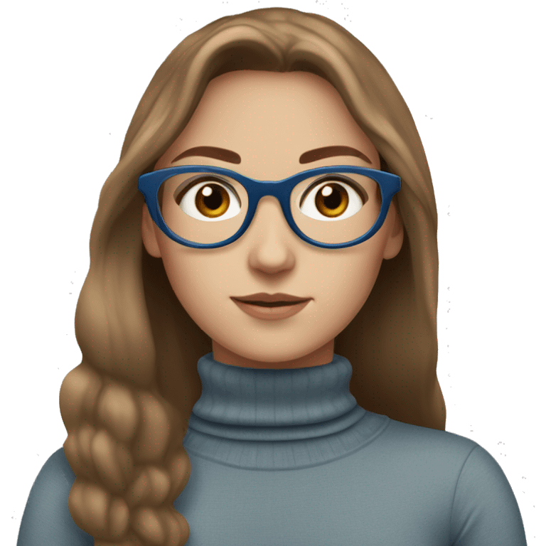 White girl wearing turtleneck with blue eyes, brown hair, and circle glasses emoji