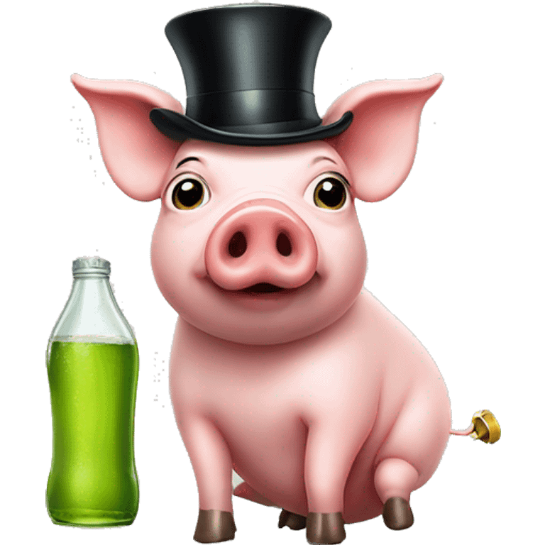 A pig with a top hat and a monocle drinking a bottle that says apple juice emoji