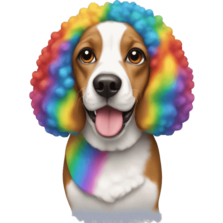 Beagle with a curly Afro rainbow clown wig emoji