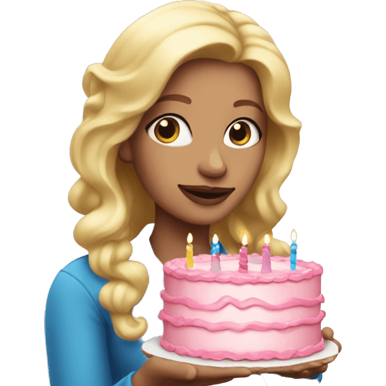 Blonde woman with blue eyes holding a pink birthday cake  emoji