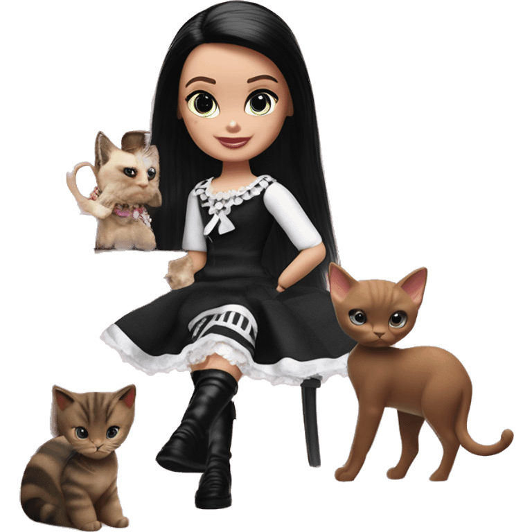 Check Please Francie Barbie, Teen Wednesday Addams. Pirate knee-boots, dress, opera gloves,pumps, bracelet, earrings, Cuddling up with Slippers the kitten.hair ribbon  emoji