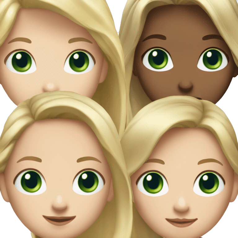 3 girlsone with long blonde hair, one with short blonde hair, one with short brown hair. Blueish green eyes for all emoji