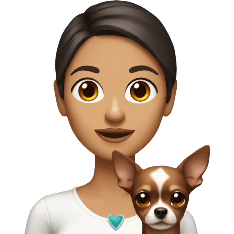 woman with dark brown hair with a solid tan chihuahua  emoji