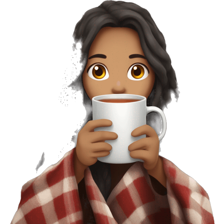 Dark brunnette girl with long hair snuggled up in a blanket and holding a hot tea in her hands Dark brunette girl with long hair snuggled up in a blanket and holding a hot tea in her hands emoji