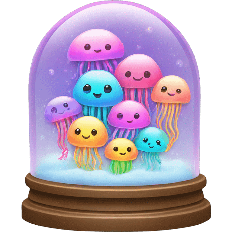 Kawaii rainbow pastel family of jellyfish  in neon snow globe  emoji