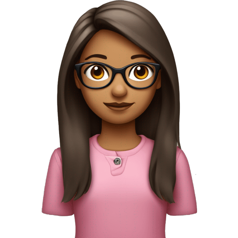 niña de 10 años, pelo marrón con una coleta, gafas rosa y negras y ojos marrones emoji