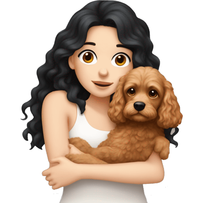 White skinned european girl with long black hair cuddling with an apricot coloured cockapoo emoji