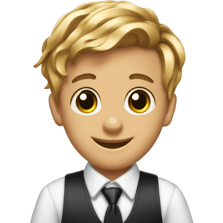 smiling boy in formal attire in a barber shop holding scissors and blades  emoji