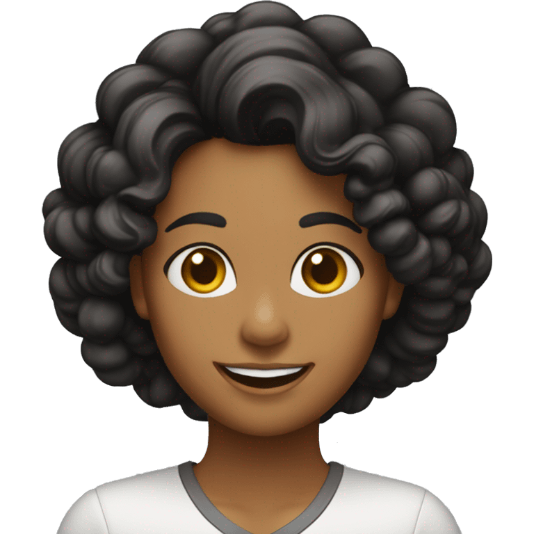 Mulher de 40 anos, cabelo cacheado loiro com preto com sorriso grande emoji