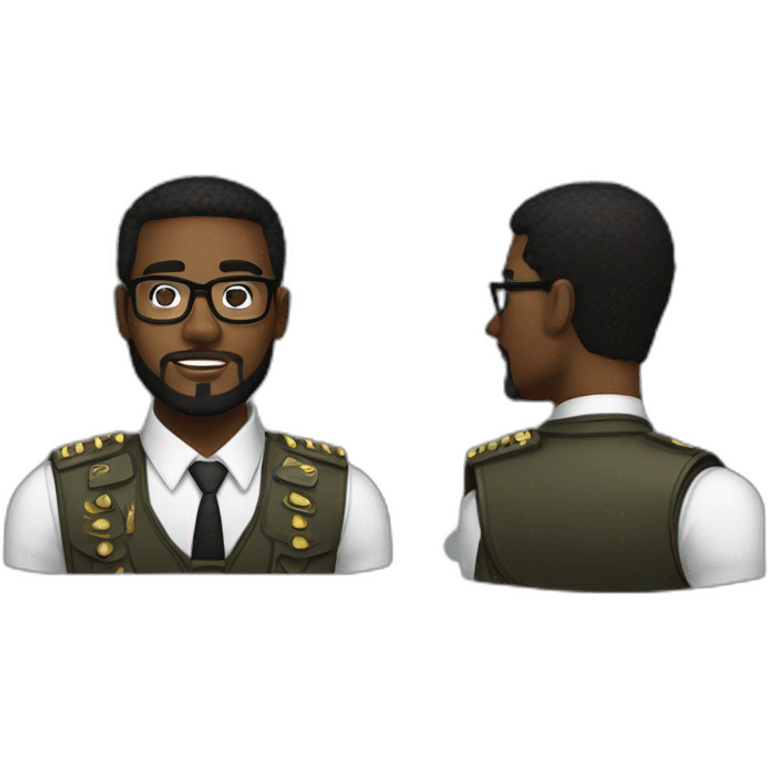 black soldier with beard, part in black hair, white collared shirt, bow tie, gold frame glasses, bulletproof vest  emoji