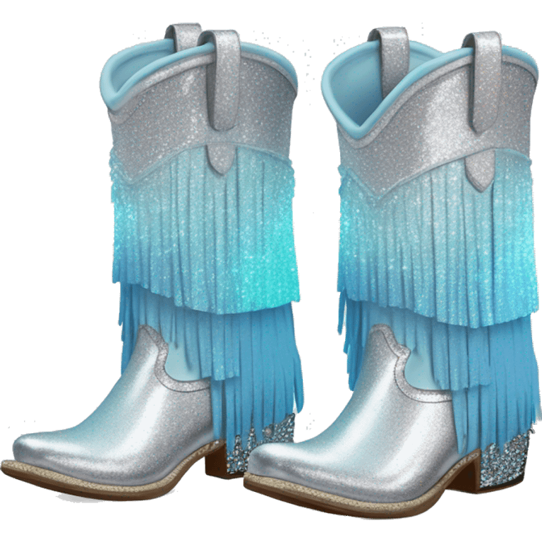 Realistic silver and pastel blue ombre pair of fashion cowgirl boots with sparkly shiny glitter fringe on them. emoji