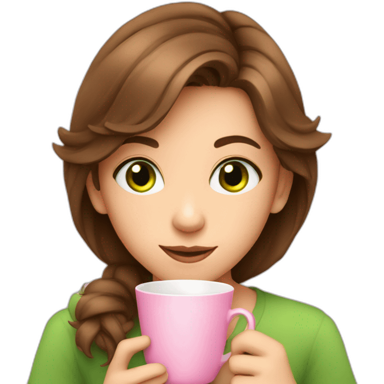 kid with brown hair and green eyes drinking tea from a pink cup emoji