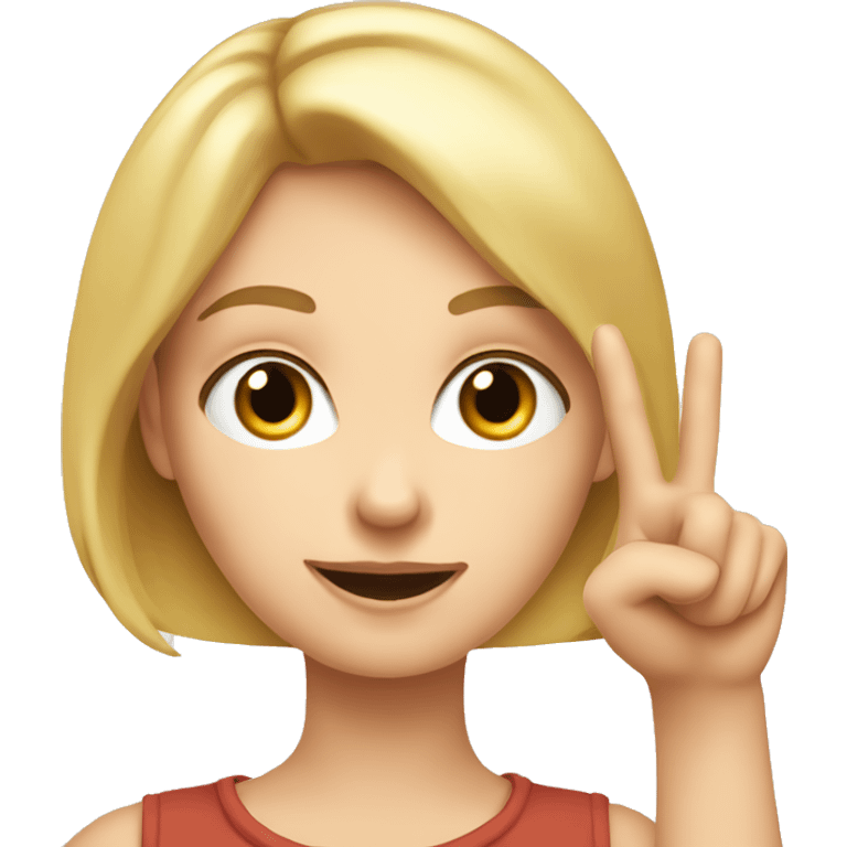 A white girl, a blonde, with an important facial expression, spins the finger of one hand, near the nose. emoji