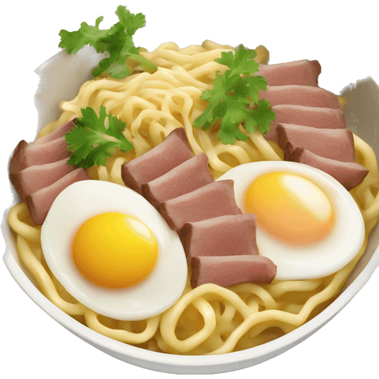 bowl of noodles with eggs and pork beef emoji