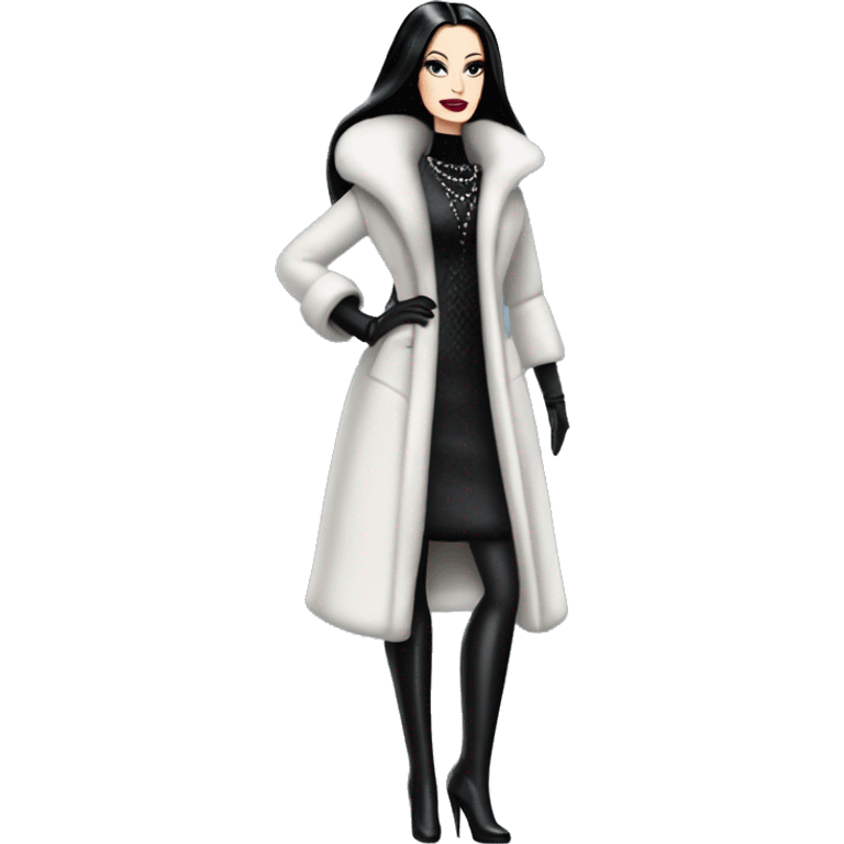 Dazzling Winter Barbie Morticia Addams .  Wearing coat gloves boots  emoji