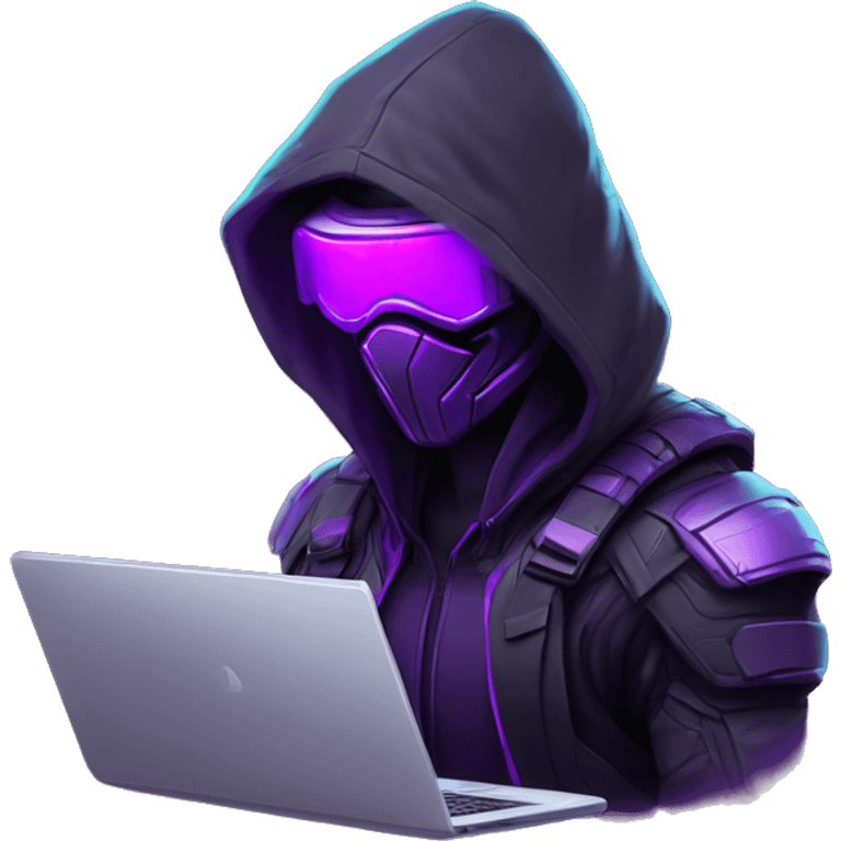 Side view developer behind his laptop with this style : crysis Cyberpunk Valorant neon glowing bright purple character purple violet black hooded assassin themed character emoji