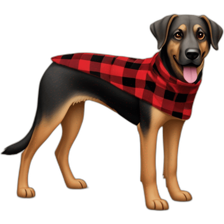 75% Coonhound 25% German Shepherd mix dog wearing small pointed red buffalo plaid bandana pointing down side view full body facing left emoji