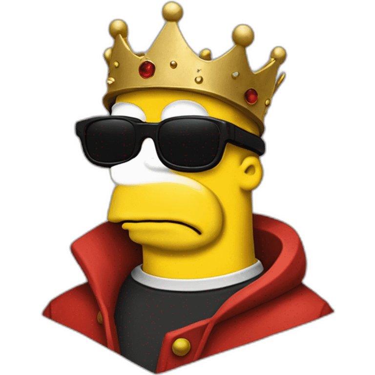 Half body portrait of homer simpson wearing a red jacket, black sunglasses and a crown and sitting in a huge thorn emoji