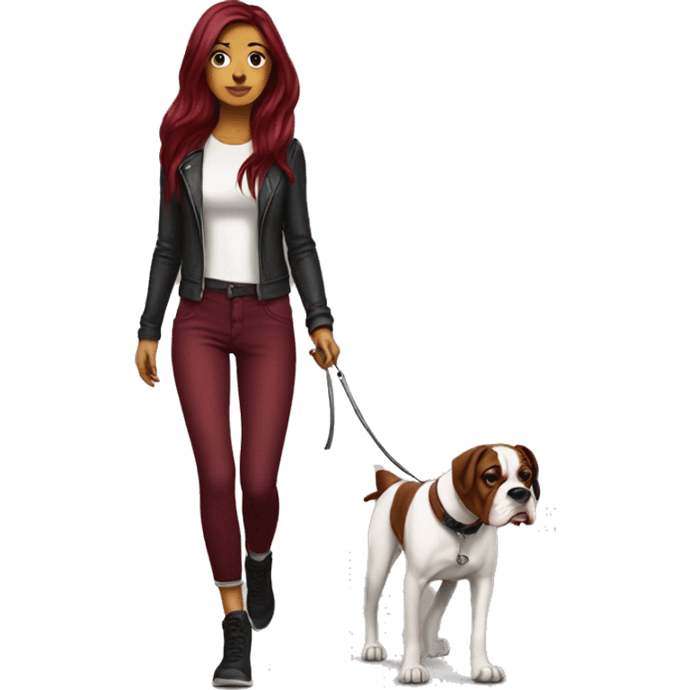 Beautiful tattooed  burgundy long haired woman walking a boxer dog emoji