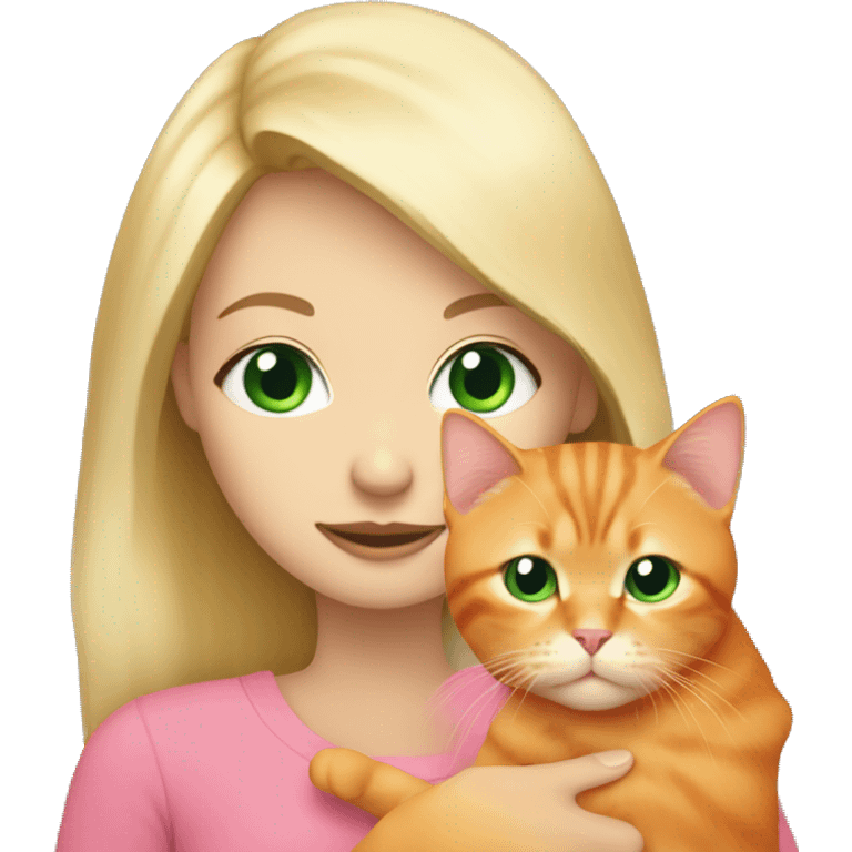 blonde hair green eyes girl hold a orange cat with a pink cover over them emoji