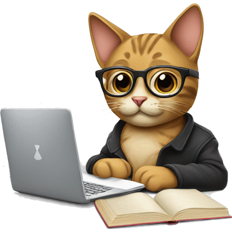 Cat studying, glasses, books, laptop emoji