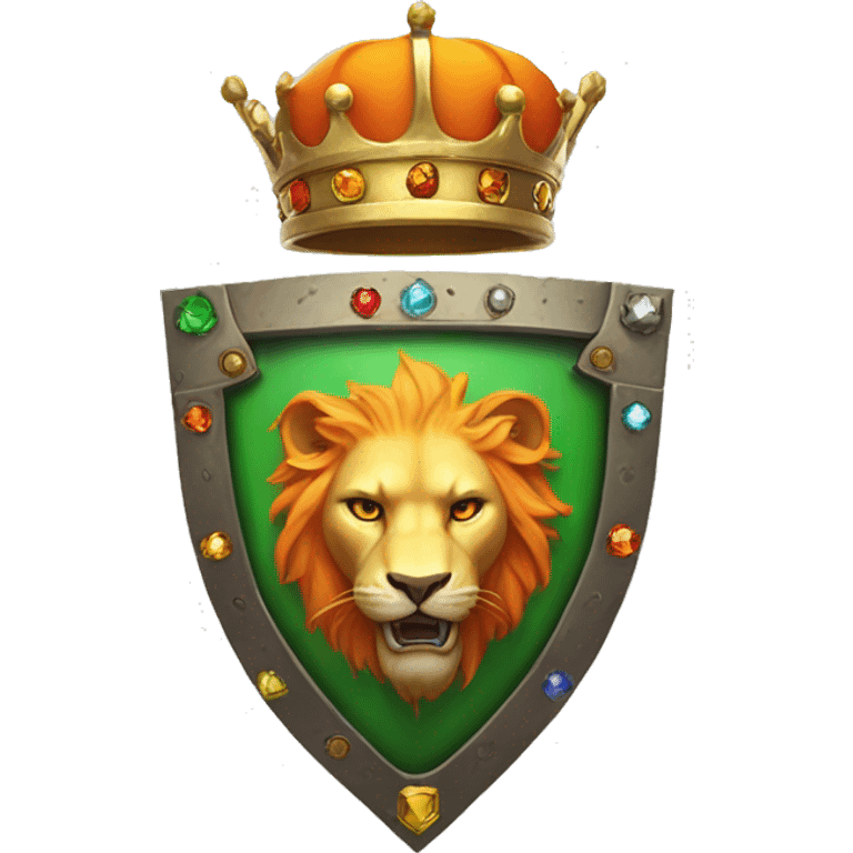 Flag: white left, orange right. Center: shield in the flag with golden crown, colorful gems. Creature in the shield: lion upper, brown; dragon lower, green scales. emoji