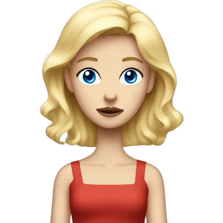 Blonde girl blue eyes wearing a blue dress in a sea of red frowning emoji