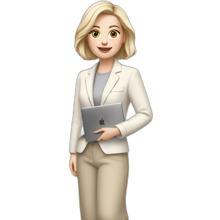 pale skin woman with ash blonde Straightened bob Hair, White Spacious classical jacket, beige palazzo Arrow pants and gray blouse holding a MacBook in the hands emoji