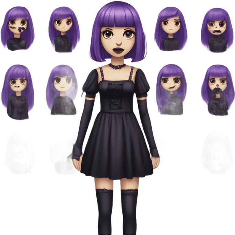 one single alt women, purple hair, kinda long hair, short bangs, dark makeup, dark pink lips, gothic detailed strap dress, white skin  emoji