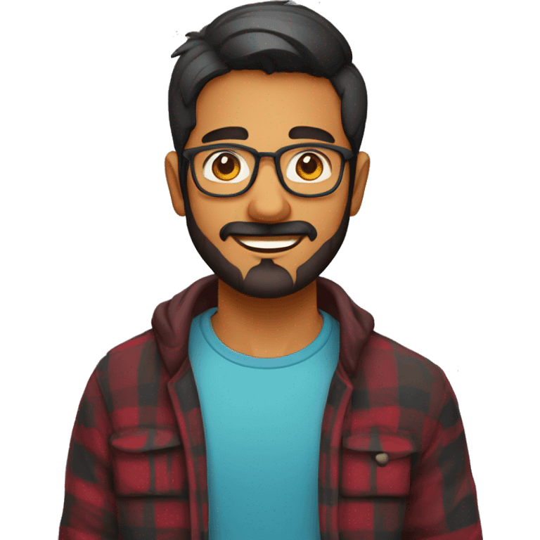 indian young guy with no moustached but stubble goatee beard and transparent spectacles wearing a flannel emoji